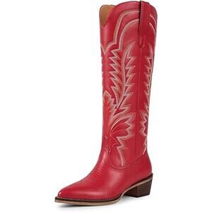 Isnom Womens Size 7.5 Red Faux Leather Embroidered 2" Block Heel Cowboy Boots